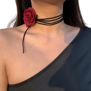 NASZYJNIK BORDOWY CHOKER RETRO RZEMYK SZNUREK MAŁA RÓŻA MATERIAŁ KWIAT