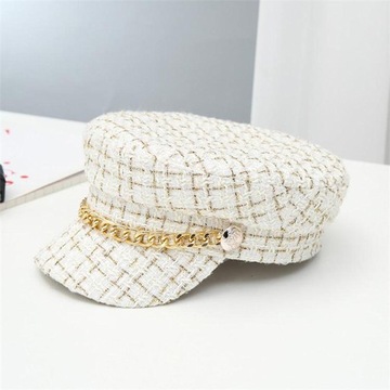 Damskie tweedowe czapki gazeciarskie w kratę Damski kapelusz chłopięcy Baker z płaskim daszkiem Beret biały