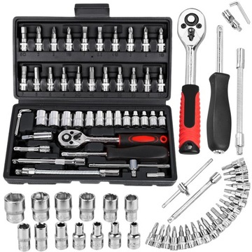 ZESTAW KLUCZY NASADOWYCH NASADEK BITÓW GRZECHOTKA ADAPTERY TORX HEX 46szt