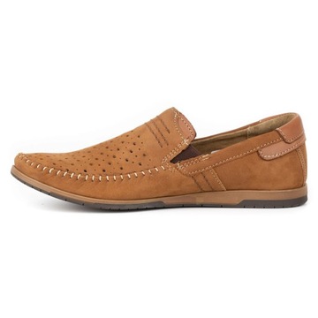 Buty męskie skórzane mokasyny wsuwane na lato ażurowe 876L camel brąz 43