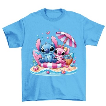 T-SHIRT NIEBIESKI DLA DZIECKA STITCH I SIMBA NA PLAŻY PREZENT 140 146