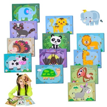 ZABAWKI Z NAKLEJKAMI PUZZLE 3D ŻYWYCH NAKLEJEK EVA ZWIERZĘTA 12 SZT