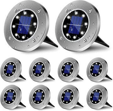 10× LAMPA SOLARNA OGRODOWA LAMPKI LED GRUNTOWE DYSK CZUJNIK ZMIERZCHU DYSK