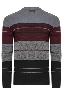 SWETER MĘSKI SZARY PASKI KLASYCZNY CASUAL BORDO L