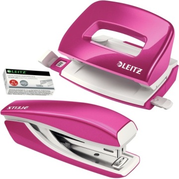 Мини-степлер LEITZ WOW + дырокол, розовый металлик