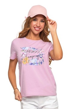 Koszulka Damska w Kwiaty T-Shirt Bawełniana Bluzka Glamour Różowa MORAJ S