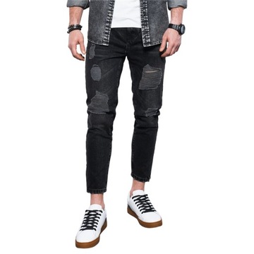 Męskie spodnie jeansowe taper fit z dziurami - czarne V2 P1028 M