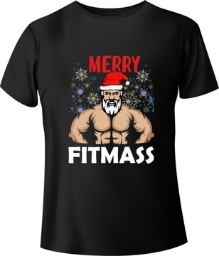 T-Shirt Koszulka Świąteczna Święty Mikołaj na Siłowni "MERRY FITMASS" Czarn