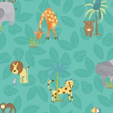 TAPETA ZIELONA DLA DZIECI ZWIERZĘTA SAFARI