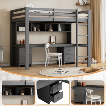Детская кровать на чердаке, размеры 90*200 см, с серым столом.