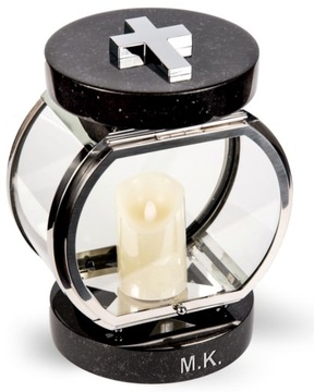 Elegancki Lampion nagrobny okrągły srebrny stal+granit czarny