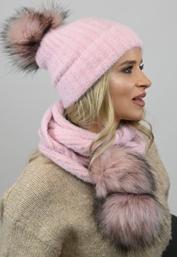 Комплект шапка + шарф с помпонами Альпака Розовый Ал4