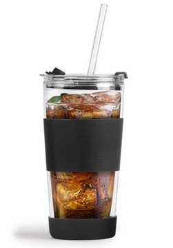 KUBEK TERMICZNY SZKLANY ZE SŁOMKĄ FUORI CZARNY 600 ML