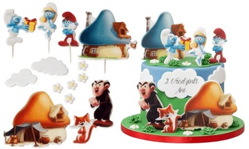 Zestaw Dekoracje na Tort SMERFY 14 El figurki cukrowe opłatek Smurfs