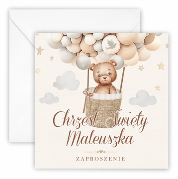 ZAPROSZENIA NA CHRZEST + IMIĘ + KOPERTA boho miś