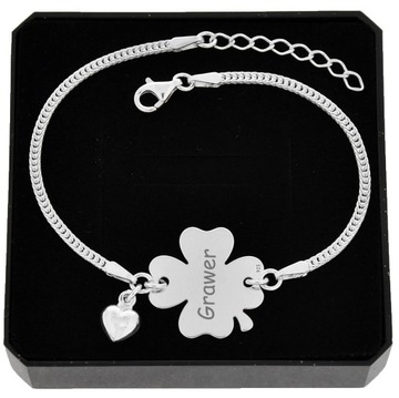 Браслет серебряного клевера с гравировкой для подарочной 925