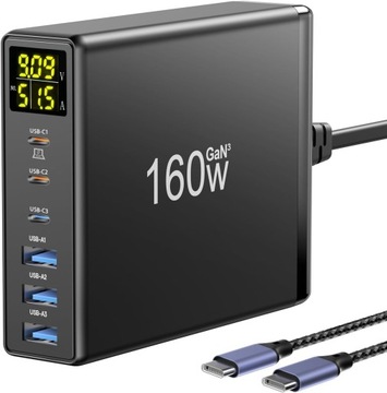 ŁADOWARKA 6-PORTOWA USB C, 160W GaN3 Z WYŚWIETLACZEM LED