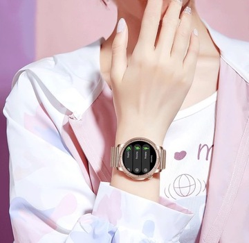 Damski Smartwatch Zegarek Funkcja Rozmowy Menu PL Okrągły Gładki AMOLED