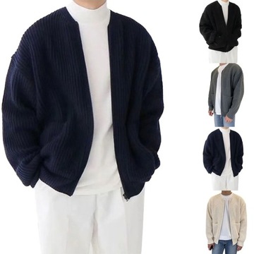 Men Zip Up Long Sleeved Knitted Cardigan Lined Fun