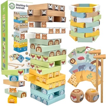 DREWNIANA GRA ZRĘCZNOŚCIOWA CHWIEJĄCA WIEŻA KLOCKI DOMINO MONTESSORI WOOPIE