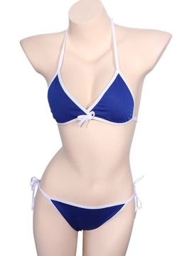 Minorka bikini wiązane plaża strój kąpielowy prosty biała obwódka granatowy