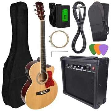 BOGATY ZESTAW GITAROWY NA PREZENT WZMACNIACZ KOSTKI TUNER POKROWIEC STRUNY