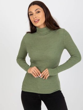 Khaki dopasowany sweter z golfem w prążek One Size