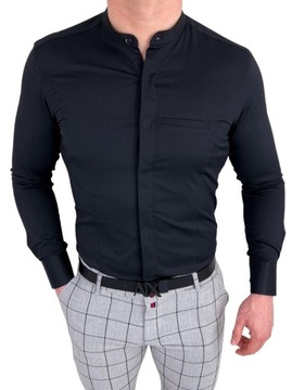 Koszula czarna slim fit zakryte guziki stojka - XL