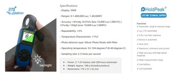Cyfrowy miernik natężenia oświetlenia Holdpeak HP-881D