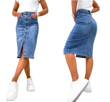 Spódnica damska jeansowa midi na guziki elastyczna wysoki stan S/36