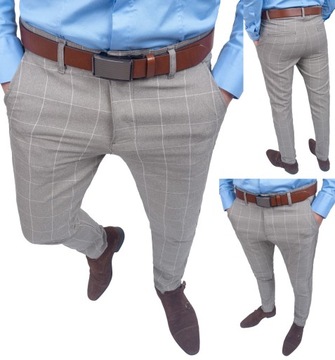 Spodnie męskie eleganckie beżowe w kratkę - 34