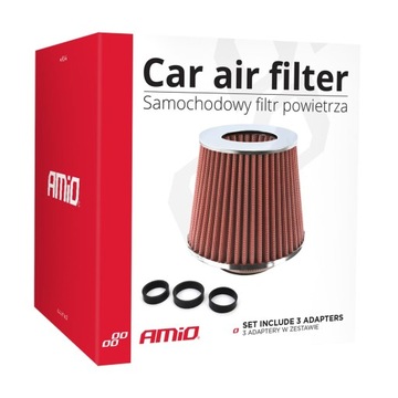 Конический воздушный фильтр Красный ХРОМ + 3 адаптера AMIO-01282
