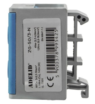 ТРОЙНОЙ СИНИЙ РАЗЪЕМ НА РЕЙКУ 6X 2,5–35 мм2