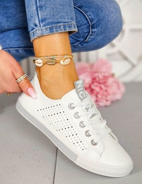 Białe Ażurowe Trampki Buty Sportowe Ze Skóry Cindy Grey 38