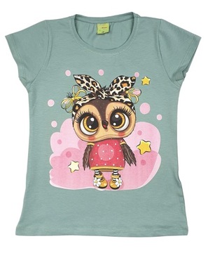 BLUZKA t-shirt nadruk SOWA miętowa 146 CK78