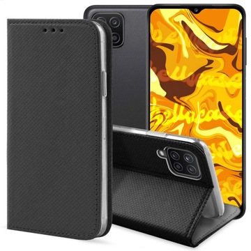 ETUI Z KLAPKĄ DO SAMSUNG GALAXY A12 CZARNE ZAMYKANE MAGNETYCZNE KABURA FLIP