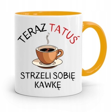 KUBEK ŻÓŁTY DZIEŃ OJCA TATUŚ STRZELI SOBIE KAWKĘ z Nadrukiem ze Zdjęciem