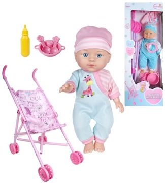 LALKA 32CM Z DŹWIĘKIEM WÓZKIEM I BUTELKĄ AKCESORIA