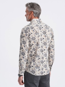 Pánska košeľa SLIM FIT floristický vzor béžovo-sivá V1 OM-SHPS-0139 L