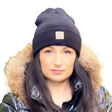 Ciepła Czapka Damska Beanie Zimowa Wywijana Dwuwarstwowa Czarna KOLORY