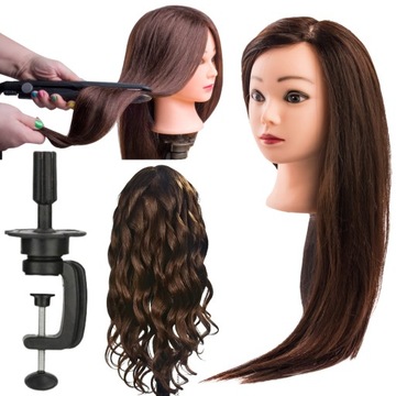 Głowa fryzjerska treningowa brąz 60cm statyw Długie gęste włosy upinania