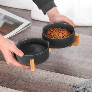 ДВОЙНАЯ ЧАШКА ДЛЯ КОШКИ, КЕРАМИЧЕСКИЕ ЧАШКИ НА ПОДСТАВКЕ БАМБУК, 2X400МЛ