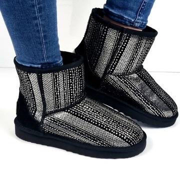 CZARNE SKÓRZANE ŚNIEGOWCE BUTY BOTKI SREBRNE 39