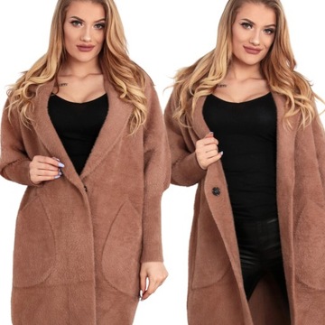 PŁASZCZ KURTKA DŁUGI SWETER NARZUTKA ALPAKA CIEPŁA CIEMNY KARMELOWY 1943