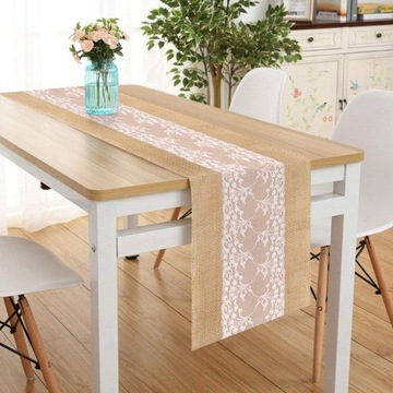 BIEŻNIK NA STÓŁ BRKURLEG JUTOWY 30 X 275 CM BOHO RUSTYKALNY Z KORONKĄ 1 SZT