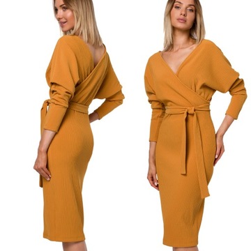 SUKIENKA DAMSKA ELEGANCKA KOPERTOWA MIDI WIĄZANA PASKIEM MIODOWA XL 42