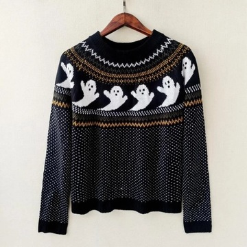 Cartoon Ghost Print Sweater Cozy Halloween Style S