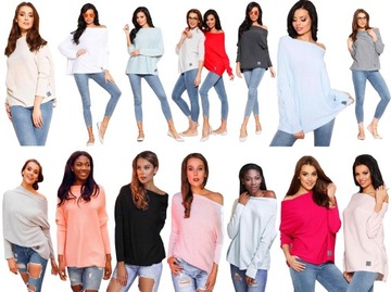 SWETEREK OVERSIZE TUNIKA SWETER WOOL ODKRYTE RAMIĘ