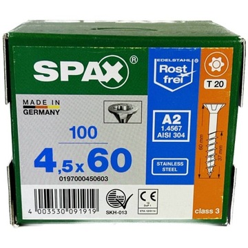 Wkręty NIERDZEWNE 4,5x60mm, Wkręty do drewna 100szt Stal szlachetna A2 SPAX