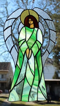 Витраж Ангел-хранитель Тиффани зеленый большой